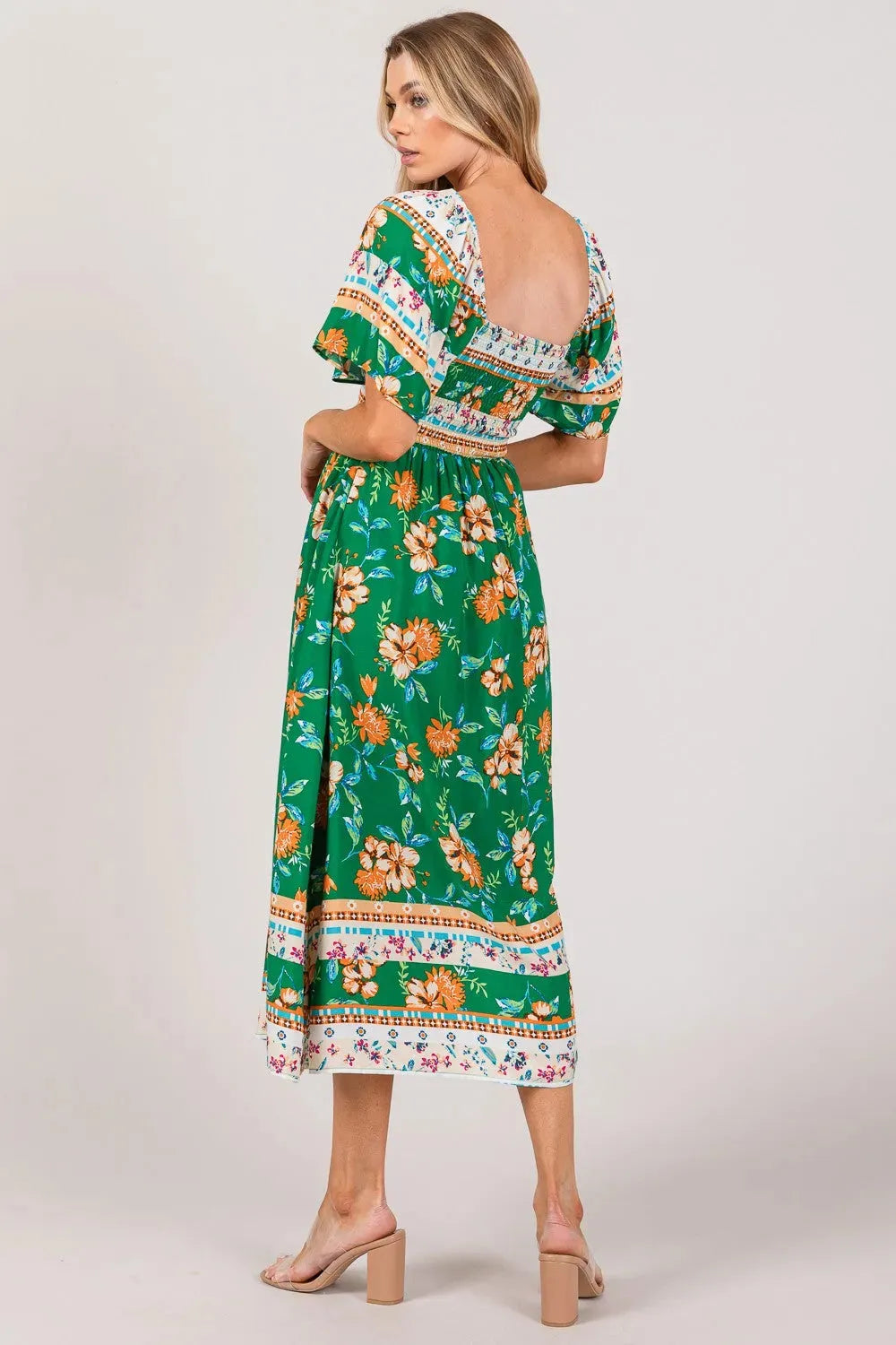 SAGE + FIG Printed Smocked Short Sleeve Midi Dress Casual Dresses - Tophatter Daily Deals